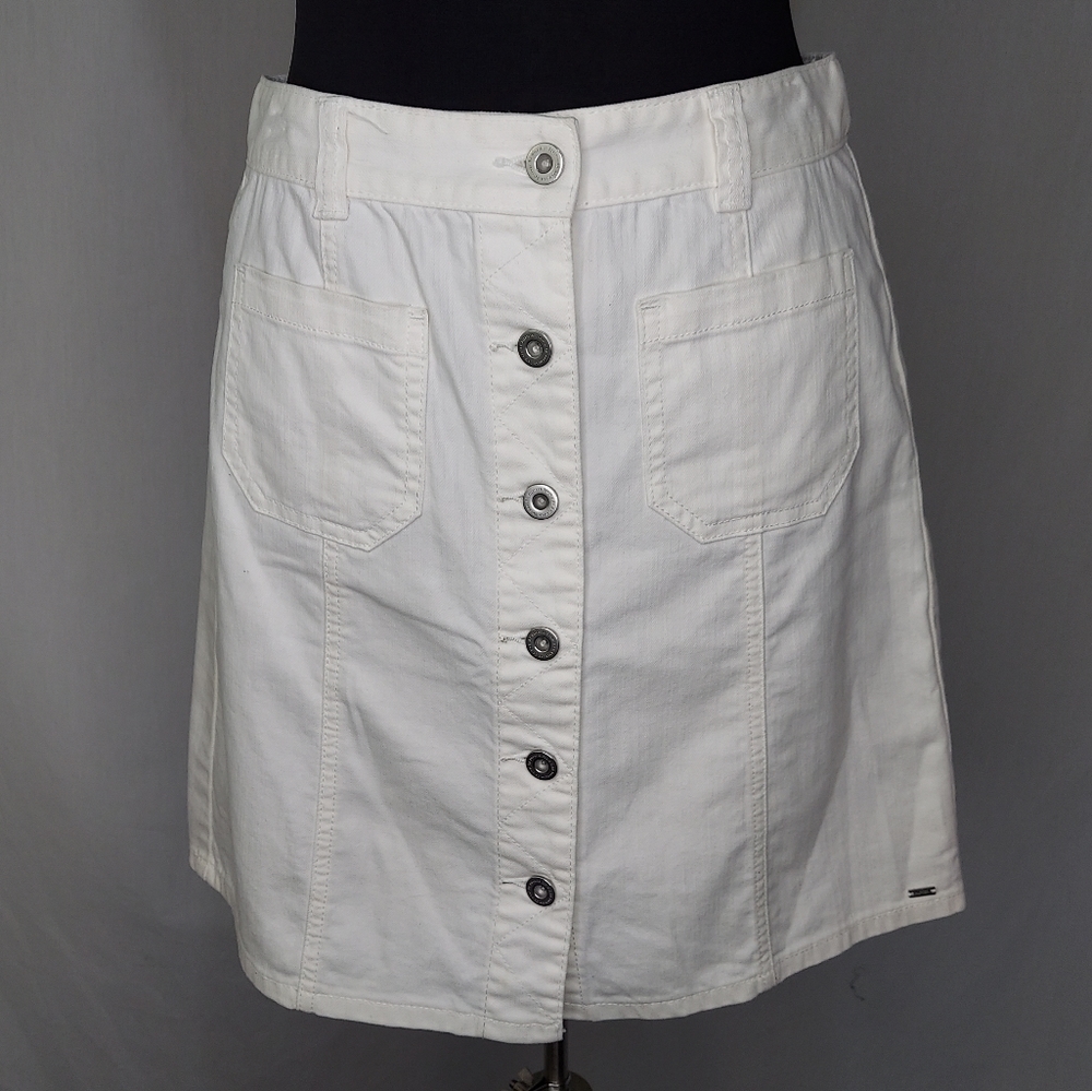 Tommy Hilfiger Jean Skirt 4 Mini ALine Denim Pocket Button Cotton Stretch White